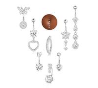 ORAZIO Gold Belly Button Ring Dangle Hypoallergenic Surgical Stainless Steel Belly Rings for Women CZ Clicker Heart Butterfly Flower Navel Piercing Jewelry Dangly Curved Navel Ring Pack, Stainless