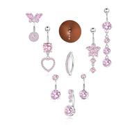 ORAZIO Gold Belly Button Ring Dangle Hypoallergenic Surgical Stainless Steel Belly Rings for Women CZ Clicker Heart Butterfly Flower Navel Piercing Jewelry Dangly Curved Navel Ring Pack, Stainless