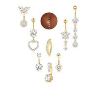 ORAZIO Gold Belly Button Ring Dangle Hypoallergenic Surgical Stainless Steel Belly Rings for Women CZ Clicker Heart Butterfly Flower Navel Piercing Jewelry Dangly Curved Navel Ring Pack, Stainless