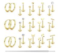 ORAZIO Small Flat Back Earrings,Push in Stud Earrings for Women Men,Hypoallergenic 14K Gold Plated Surgical Stainless Steel Threadless Earring,Flatback Stud Hoop Cartilage Earring Set for Multiple