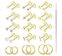 ORAZIO Small Flat Back Earrings,Push in Stud Earrings for Women Men,Hypoallergenic 14K Gold Plated Surgical Stainless Steel Threadless Earring,Flatback Stud Hoop Cartilage Earring Set for Multiple