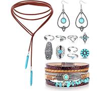 ORAZIO Women's Boho Chic Retro Jewelry Set: Turquoise Pendant Choker, Dangle Earrings, Leather Bracelet, Knuckle Rings