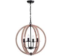 Orb 4 Light Farmhouse Chandelier Brown Wood Chandelier Globe Hanging Lights Fixture Pendant Light Handmade Wood Lights Fixture for Foyer Hallway Dining Room Bedroom Living Room