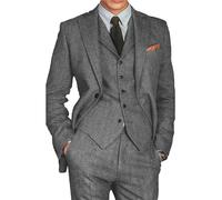 ORBITRAY Men's Retro Vintage Tweed Blazer Pant Suit 3 Pieces Herringbone Jacket Vest Pants Regular Fit, Gray, L