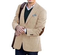 ORBITRAY Men's Tweed Blazer Jacket with Elbow Patches Men Winter Short Trench Coat Vintage Coat Beige