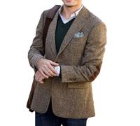 ORBITRAY Men's Tweed Blazer Jacket with Elbow Patches Men Winter Short Trench Coat Vintage Coat Brown