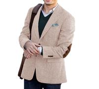 ORBITRAY Men's Tweed Blazer Jacket with Elbow Patches Men Winter Short Trench Coat Vintage Coat Champagne