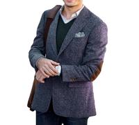 ORBITRAY Men's Tweed Blazer Jacket with Elbow Patches Men Winter Short Trench Coat Vintage Coat Dark Blue