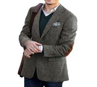 ORBITRAY Men's Tweed Blazer Jacket with Elbow Patches Men Winter Short Trench Coat Vintage Coat Gray