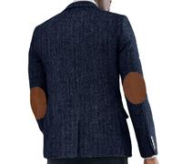 ORBITRAY Men's Tweed Herringbone Blazer Jacket with Faux Suede Elbow Pads Vintage Single Breasted Navy