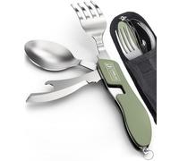 ORBLUE 4-in-1 Camping Cutlery Set 2-Pack - Stainless Steel Foldable Spoon Fork Knife Bottle Opener with Pouch - Portable Travel Cutlery & Camping Utensils for Hiking & Outdoor Use - Olive Green