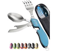 ORBLUE 4-in-1 Camping Cutlery Set 2-Pack - Stainless Steel Foldable Spoon Fork Knife Bottle Opener with Pouch - Portable Travel Cutlery & Camping Utensils for Hiking & Outdoor Use - Blue