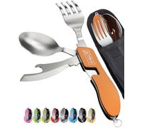 ORBLUE 4-in-1 Camping Cutlery Set 2-Pack - Stainless Steel Foldable Spoon Fork Knife Bottle Opener with Pouch - Portable Travel Cutlery & Camping Utensils for Hiking & Outdoor Use - Orange