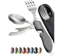 Orblue 4-in-1 Camping Cutlery Set, Portable Travel Cutlery Set with Pouch, Stainless Steel Spoon, Fork, Knife & Bottle Opener Combo Set, 2-Pack Gray