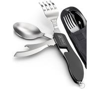 Orblue 4-in-1 Camping Cutlery Set, Portable Travel Cutlery Set with Pouch, Stainless Steel Spoon, Fork, Knife & Bottle Opener Combo Set, 2-Pack Black
