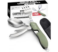 Orblue 4-in-1 Camping Utensils, 1-Pack, Portable Stainless Steel Spoon, Fork, Knife & Bottle Opener Combo Set - Travel, Backpacking Cutlery Multitool, Olive Green