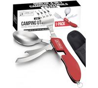 Orblue 4-in-1 Camping Utensils, 2-Pack, Portable Stainless Steel Spoon, Fork, Knife & Bottle Opener Combo Set - Travel, Backpacking Cutlery Multitool (RED 1-Pack)