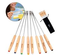 Orblue Set of 8 Fondue Forks - Color Coded Stainless-Steel Skewers with Natural Oak Wood Handles 9.5 Inches Long Chocolate Fondue Set