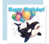 Orca Birthday Card - Balloon Animals - Happy Birthday Cards for Son Daughter Brother Sister Grandson Granddaughter Niece Nephew Cousin, 145mm Bday Greeting Cards