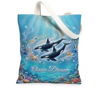 Orca Canvas Tote Bag for Women, Ocean Underwater Starfish Coral Summer Blue Washable Reusable Shopping Bag Ideas for Family Friends Colleagues Reading Loves 13x15 Inch