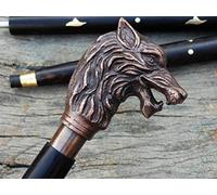 Orca INTERNATIONAL CO. Walking Stick Wolf Head Antique Brass Handle Wooden Cane Vintage Decor