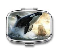 Orca Killer Whale and Ship Travel Pill Organizer Small Square Metal Portable Medicine Case Box for Purse Pocket