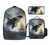 Orca Killer Whale And Ship Trendy Backpack Set for Unisex Lightweight 17inch Daypack with Lunch Bag And Pencil Case 3pcs