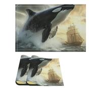 Orca Killer Whale And Ship Trendy Linen Placemats Set Non-Slip Heat Resistant Washable Table Mats for Dining Table
