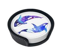 Orca Killer Whale Coasters For Drinks, 6 Pcs Leather Coaster With Holder, Round Cup Mat Pad Set For Home And Kitchen 3.9 Inches