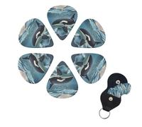 Orca Killer Whale Guitar Picks 6 Pack, 0.71mm Thickness Celluloid Bass Pick with Leather Guitar Pick Holder Keychain Abstract Art Pics Plectrum for Acoustic Electric Guitar, Ukulele, Bass