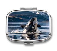 Orca Killer Whale Pill Box 2-Compartment Portable Pill Case Square Metal Medication Organizer Small Weekly Medication Case with Mirror Stylish Vitamin Holder for Purse Pocket Travel