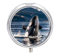 Orca Killer Whale Pill Box 3 Compartment Travel Pill Organizer with Small Mirror Portable Pillcase for Pocket & Purse Cute Round Medicine Case Weekly Medicine Container