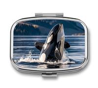 Orca Killer Whale Pill Box with 2 Compartments, Pill Organizer for Pocket or Purse, Decorative Metal Medicine and Vitamins Organizer