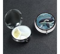 Orca Killer Whale Pill Box with Mirror 3 Compartment Decorative Pill Case for Purse or Pocket Small Round Pill Organizer Weekly Metal Medicine Tablet Vitamin Holder Travel Gift