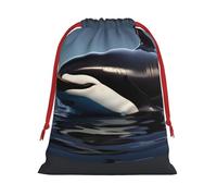 Orca Killer Whale Print Print Christmas Drawstring Gift Bags, Xmas Holiday Fabric Gift Wrapping Bag For Party, Size-L