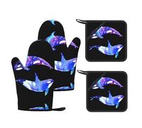 Orca Killer Whale Printed Kitchen Oven Gloves and Potholder 4 Pcs, Non-Slip Heat Resistant Mitts for Baking Chef