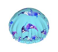Orca Killer Whale Printed Shower Cap Waterproof Reusable Elastic Bath Cap Double Layer Adjustable Elastic Band Bath Hair Cap For Women Men Spa Salon