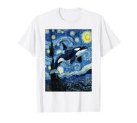 Orca Killer Whale Van Gogh Starry Night Art Value Graphic T-Shirt, Men, White, L