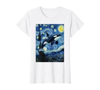 Orca Killer Whale Van Gogh Starry Night Art Value Graphic T-Shirt, Women, White, S