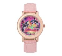 Orca Killer Whale Women's Leather Watch Easy Reader Minimalist Wristwatch Pink Rose Gold Strap Watches