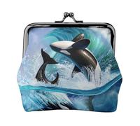 Orca Killer Whales Wave, PU Leather Coin Purse, Small Wallets, Change Pouch with Kiss Lock Clasp Buckle, Change Purse