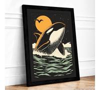 Orca Leap at Moonrise Coastal Framed Wall Art Print A3 Black