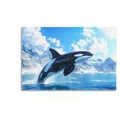 Orca Pair Leaping Wall Art Hanging Paintings, Killer Whale Blue Ocean Iceberg Canvas Print, Marine Animal Artwork for Living Room Bedroom Wall Decoration 16x24inch(40x60cm)