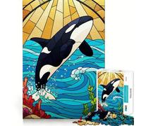 Orca Stained Glass Style Illustration 1000 Piece Jigsaw Puzzles for Teenagers Jigsaw Boost Recall Soothing Play Tight Edge Premium Gift (38x26cm)