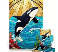 Orca Stained Glass Style Illustration 1000 Pieces Jigsaw Puzzles for Adults Brain Challenge Toy Indoor Play Precise Cut Fine Art Piece (50x75cm)