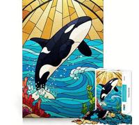 Orca Stained Glass Style Illustration Jigsaw Puzzle 1000 Piece for Adults Brain Challenge Toy Leisure Time Clear Cut Amazing Present (38x52cm)