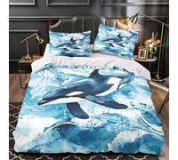 Orca Whale Comforter Cover 3D Print Wrinkle-Resistant 3-Piece Bed Set Hidden Zipper Watercolor Ocean Quilt Cover Premium Machine Washable for Adults Women Kids Girls Boys Youth Double（200x200cm）