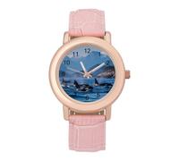 Orcas Whales Play in The Ocean Women's Wrist Watch Easy Reader with Leather Strap Analog Display Wonderful Ladies Gifts