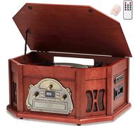 ORCC 10-in-1 Vintage Record Player, with Gift Card, Vinyl Turntable for 33/45/78 RPM, CD/USB/SD Play, Bluetooth & Remote Control, FM/AM Radio for Music Lovers, Mahogany