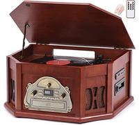 ORCC 10-in-1 Vintage Record Player, with Gift Card, Vinyl Turntable for 33/45/78 RPM, CD/USB/SD Play, Bluetooth & Remote Control, FM/AM Radio for Music Lovers, Wood